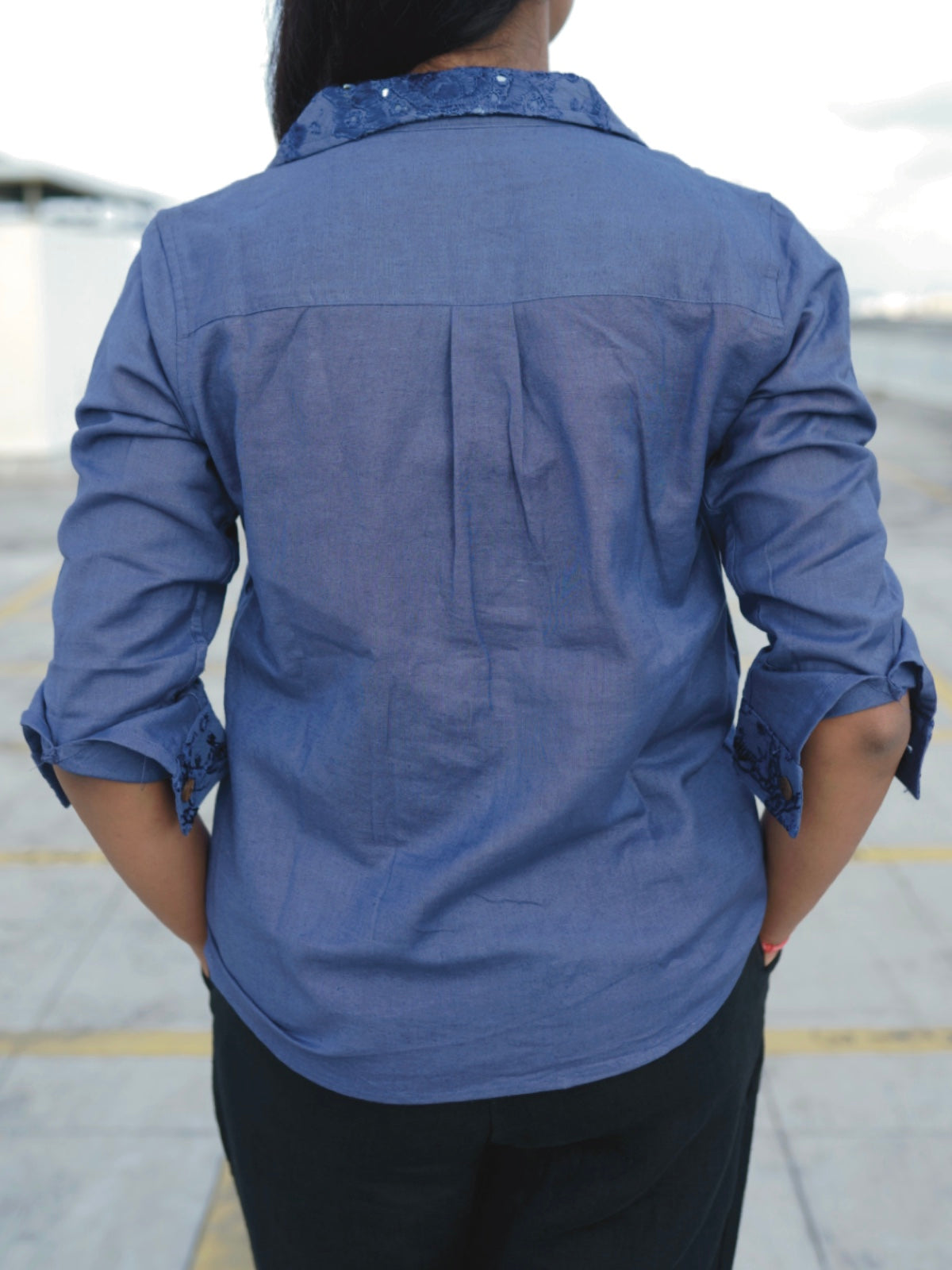 Kutch Embroidered Hemp Shirt - Navy Blue