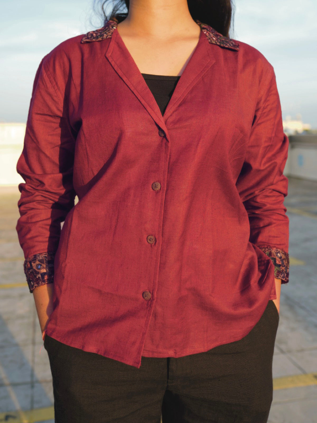 Kutch Embroidered Hemp Shirt - Maroon II