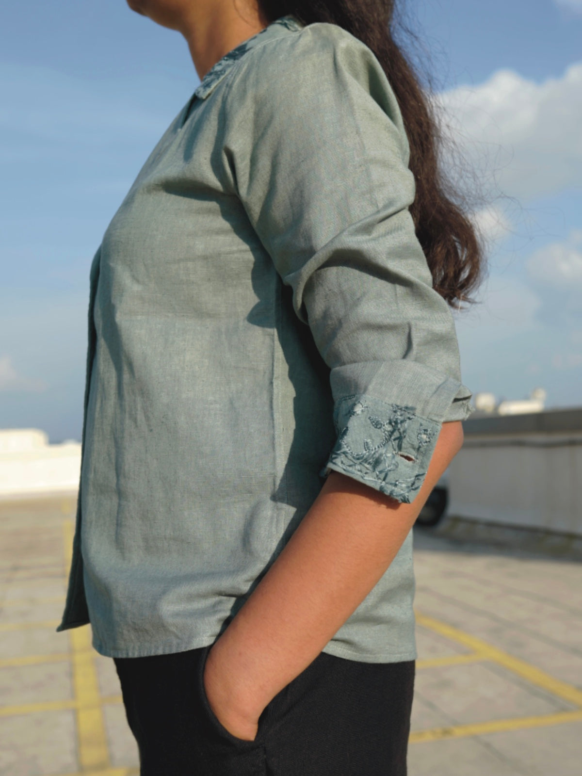 Kutch Embroidered Hemp Shirt - Dark Teal