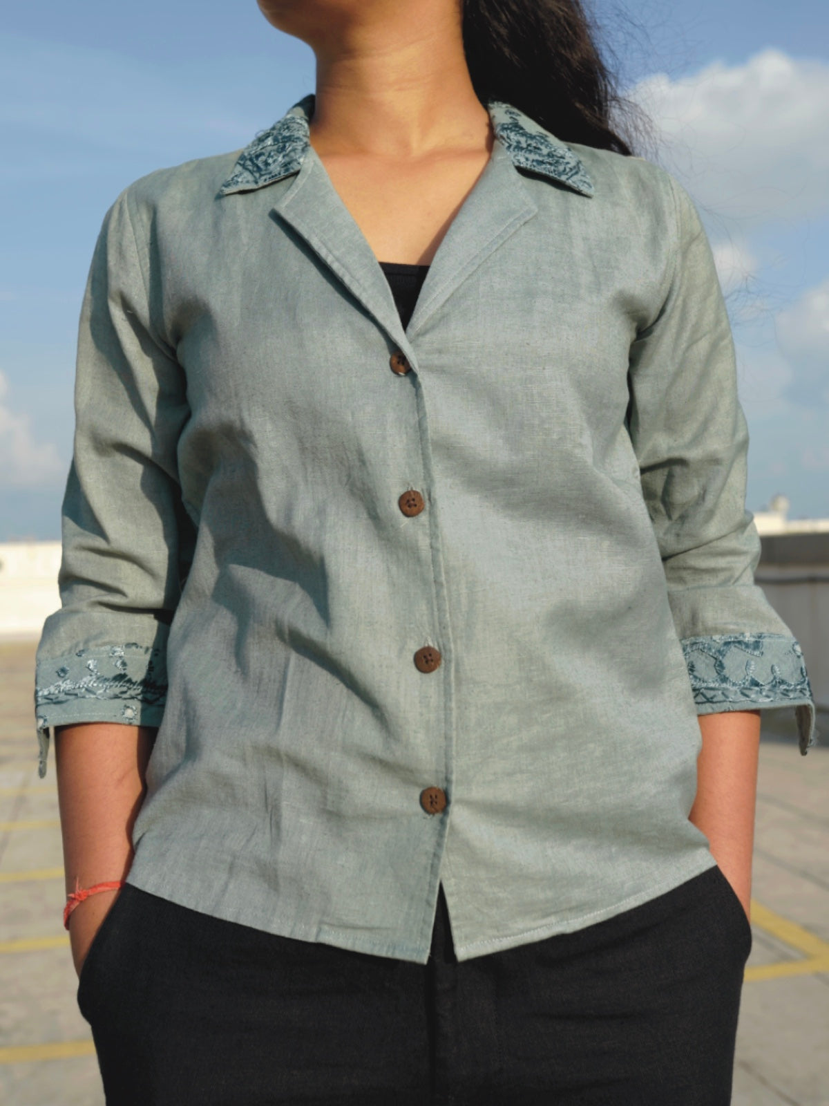 Kutch Embroidered Hemp Shirt - Dark Teal