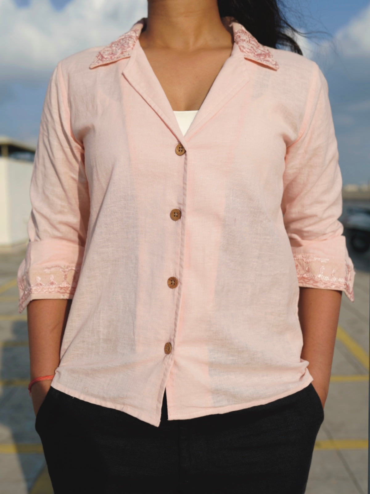 Kutch Embroidered Hemp Shirt - Peach