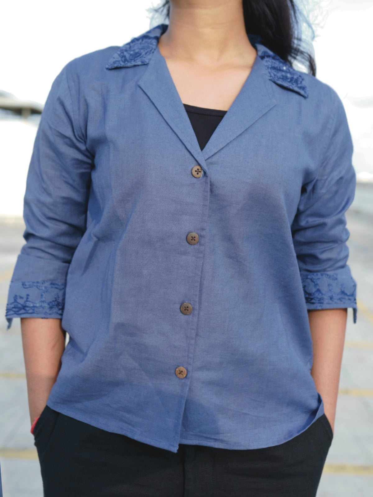 Kutch Embroidered Hemp Shirt - Navy Blue
