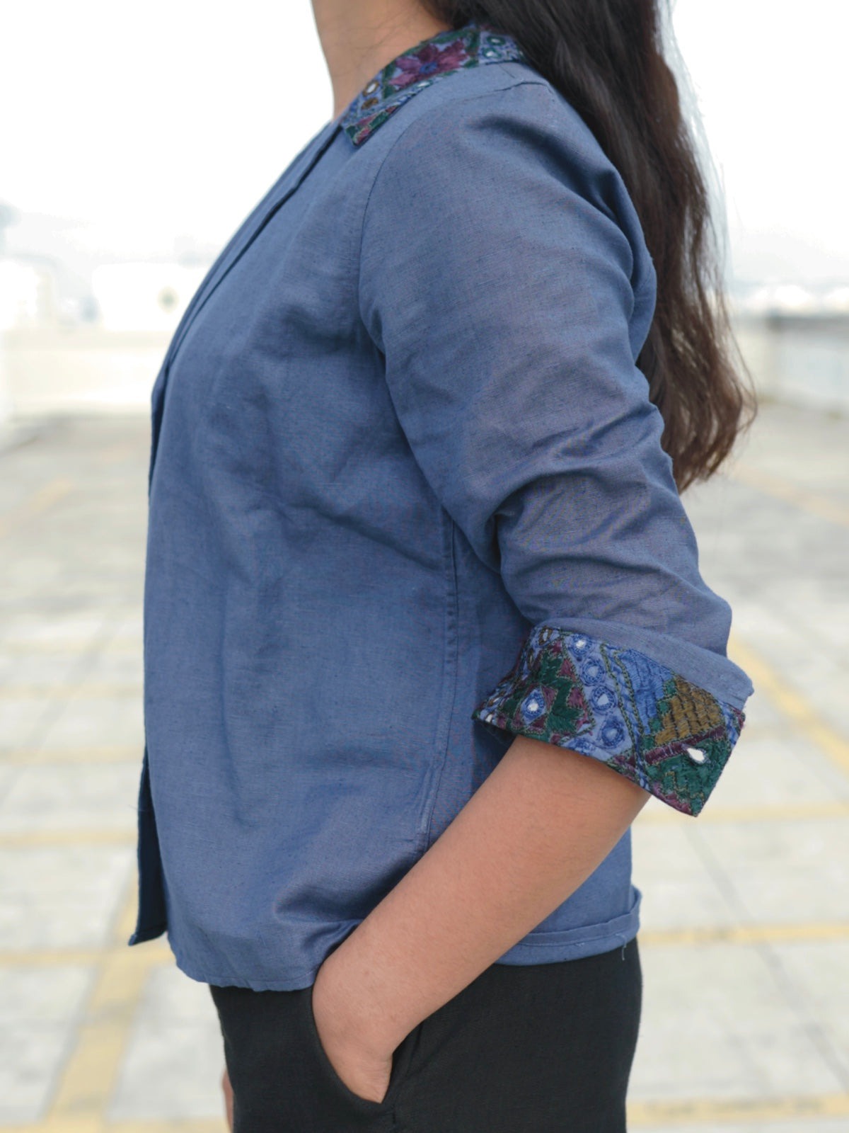Kutch Embroidered Hemp Shirt - Navy Blue II