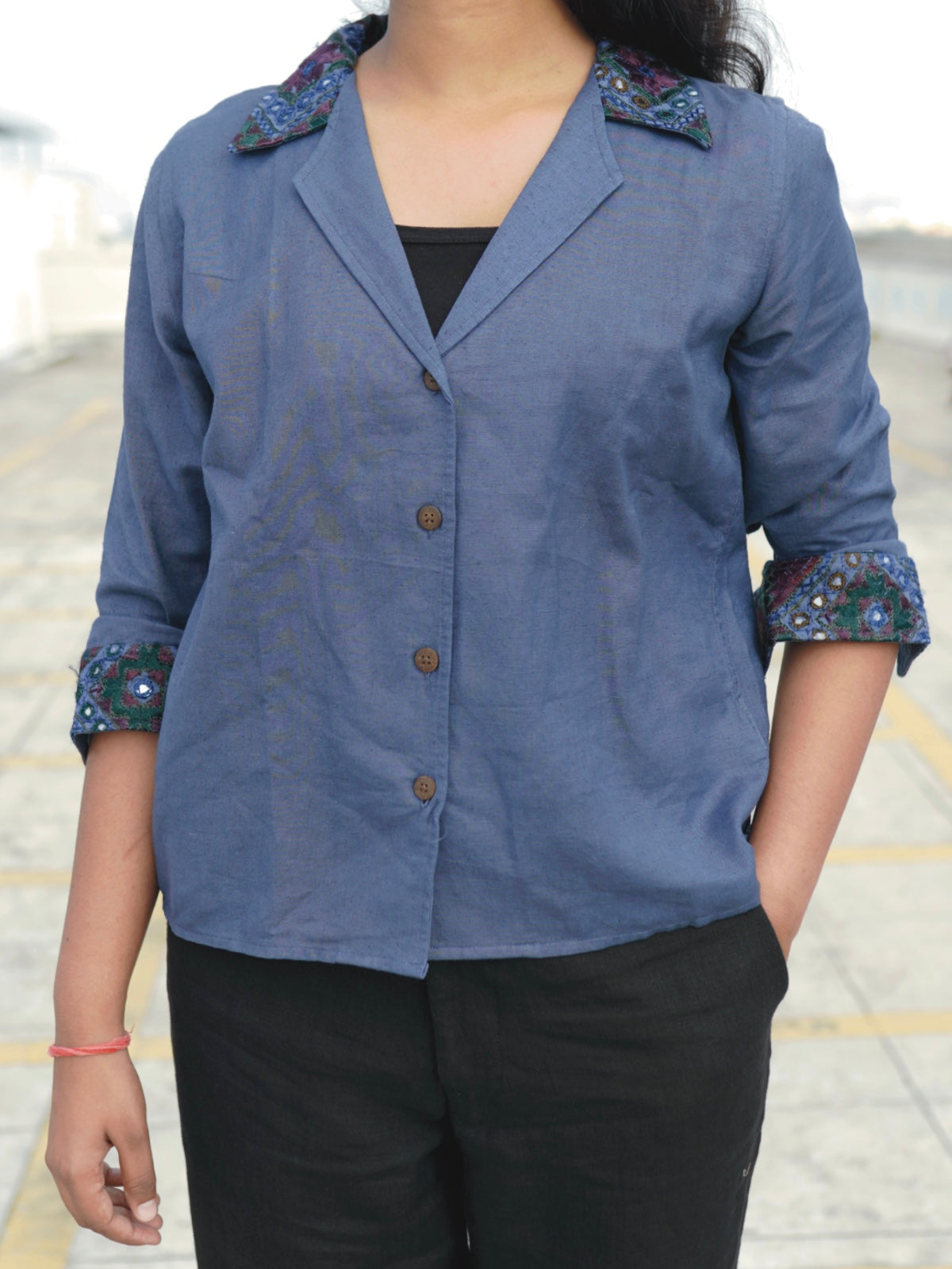 Kutch Embroidered Hemp Shirt - Navy Blue II
